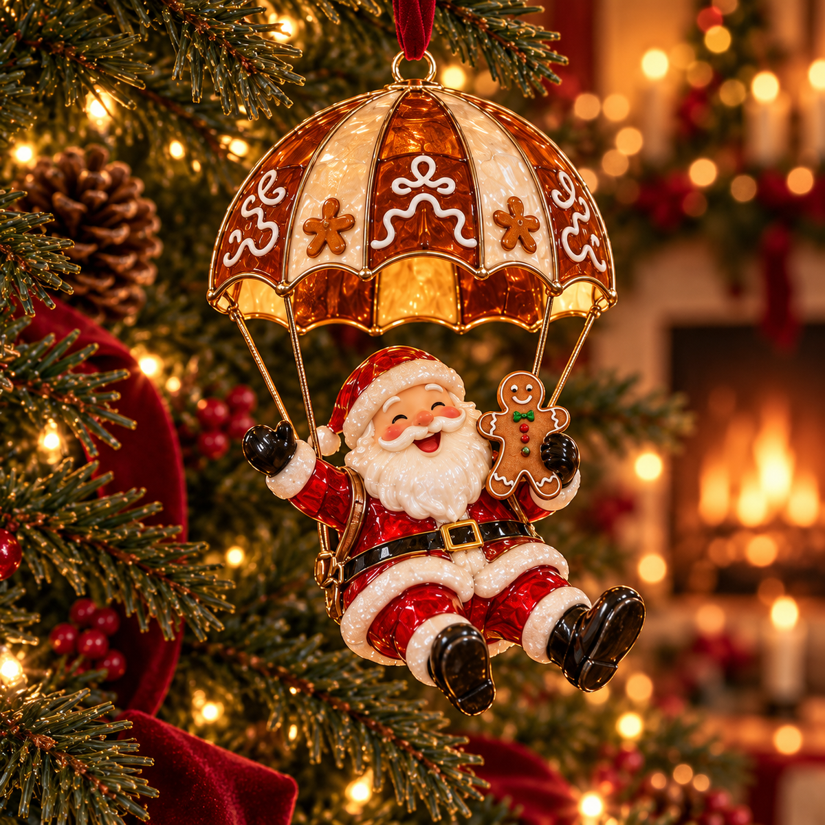Santa beneath gingerbread patterned parachute holding gingerbread man