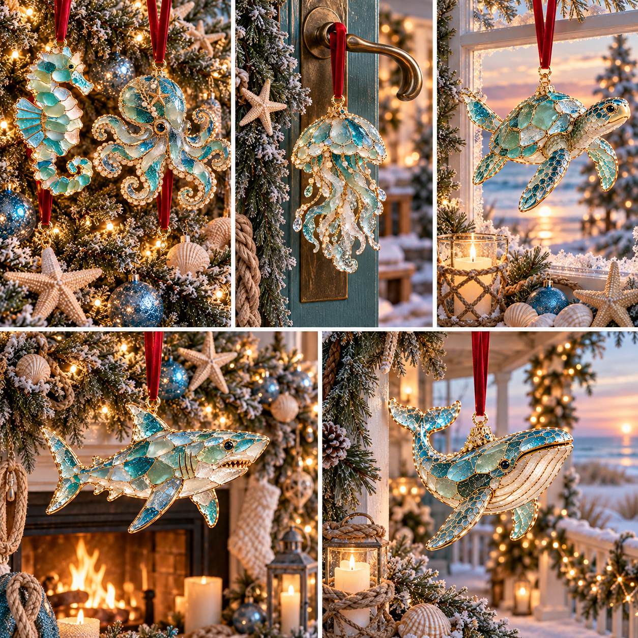 2026 Ocean Christmas Series Sea Glass Ornament Collection – Seahorse, Octopus, Jellyfish, Shark, Sea Turtle & Whale Coastal Holiday Keepsakes