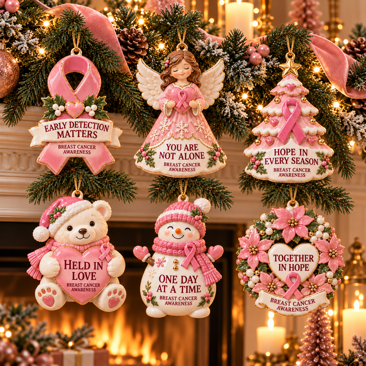 Pink Ribbon Christmas Ornaments – 6-Piece Breast Cancer Awareness Gift Set of Hope, Love & Support
