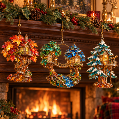 ✨ 2026 Enchanted Stained Glass Treehouse Christmas Ornaments – Set of 6 |  Fairy Tree Houses, Autumn Maple, Acorn Cottage & Moonlight Willow Hanging Decorations | Magical Christmas Tree Ornaments & Fairy Garden Gifts