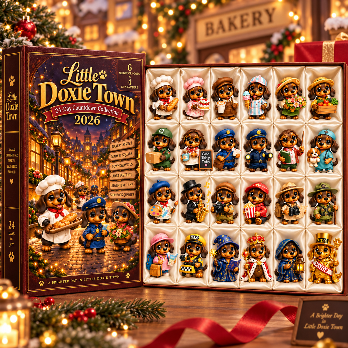 Little Doxie Town 2026 – 24-Day Dachshund Countdown Collection with 24 Unique Town Character Miniatures, Christmas Collectible Gift for Dachshund Lovers