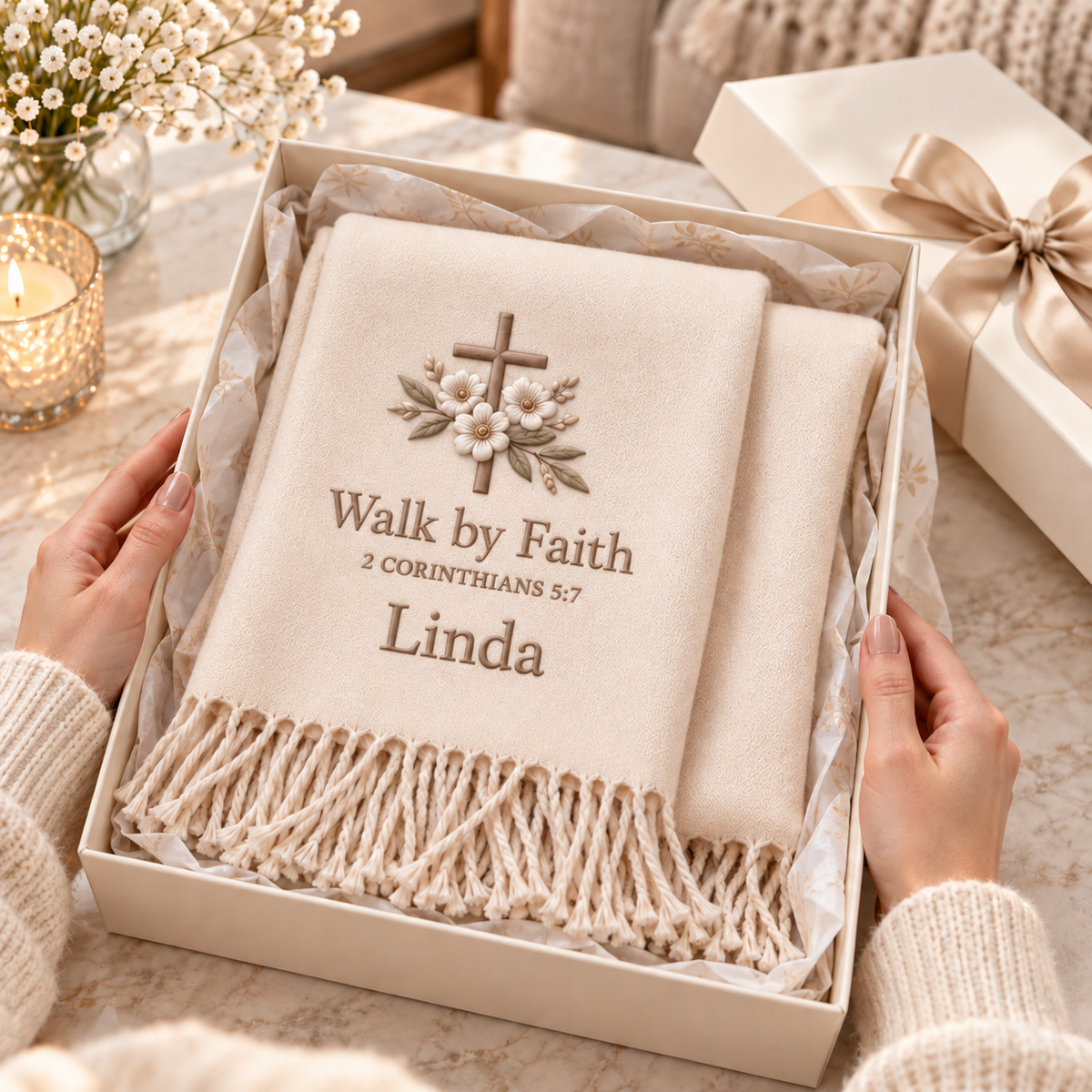 🤍 Wrapped in Faith — Personalized Name & Bible Verse Winter Scarf