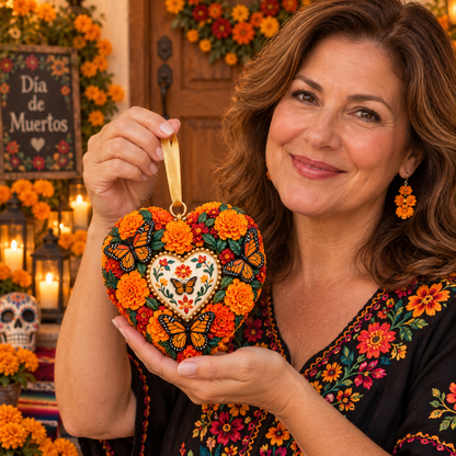 Día de Muertos Marigold Heart Ornament  – Floral Hanging Keepsake Collection, Meaningful Day of the Dead Gift for Family & Loved Ones