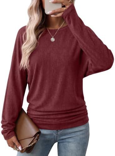 Womens Long Sleeve Shirts Ruched Hem Fall Tops Lightweight Sweaters ✨