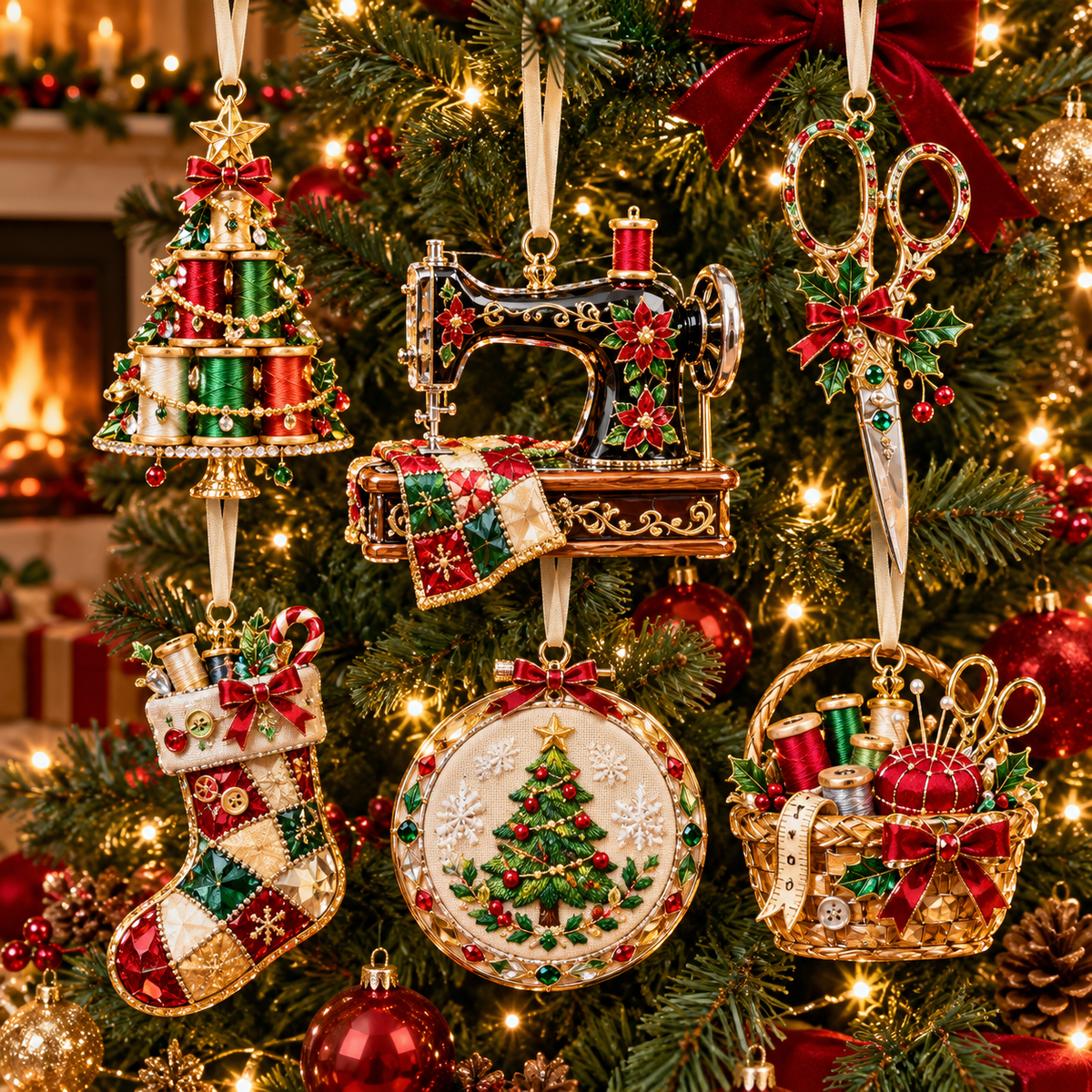 Vintage Sewing Christmas Ornaments – 6-Piece Elegant Holiday Keepsake Collection | Perfect Christmas Gifts for Sewing Lovers & Quilters 🎄🧵