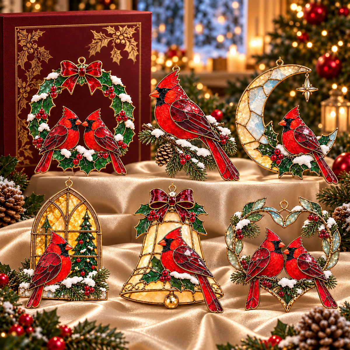 Cardinals of Christmas – Vintage Stained Glass-Style Ornaments, Set of 6