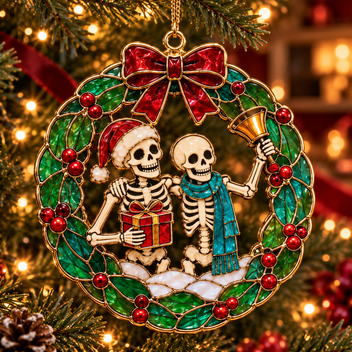 Friends for Eternity – Vintage Stained Glass Style Skeleton Christmas Ornaments, Set of 6
