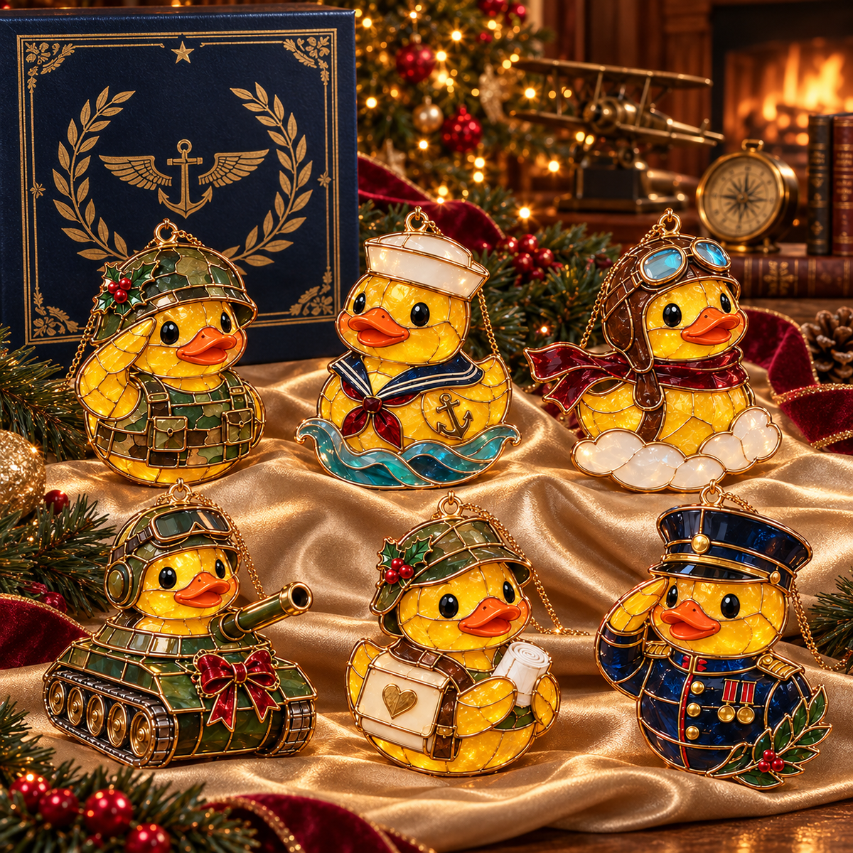 Military Duck Christmas Ornaments – 6-Piece Vintage Stained-Glass Style Gift Set