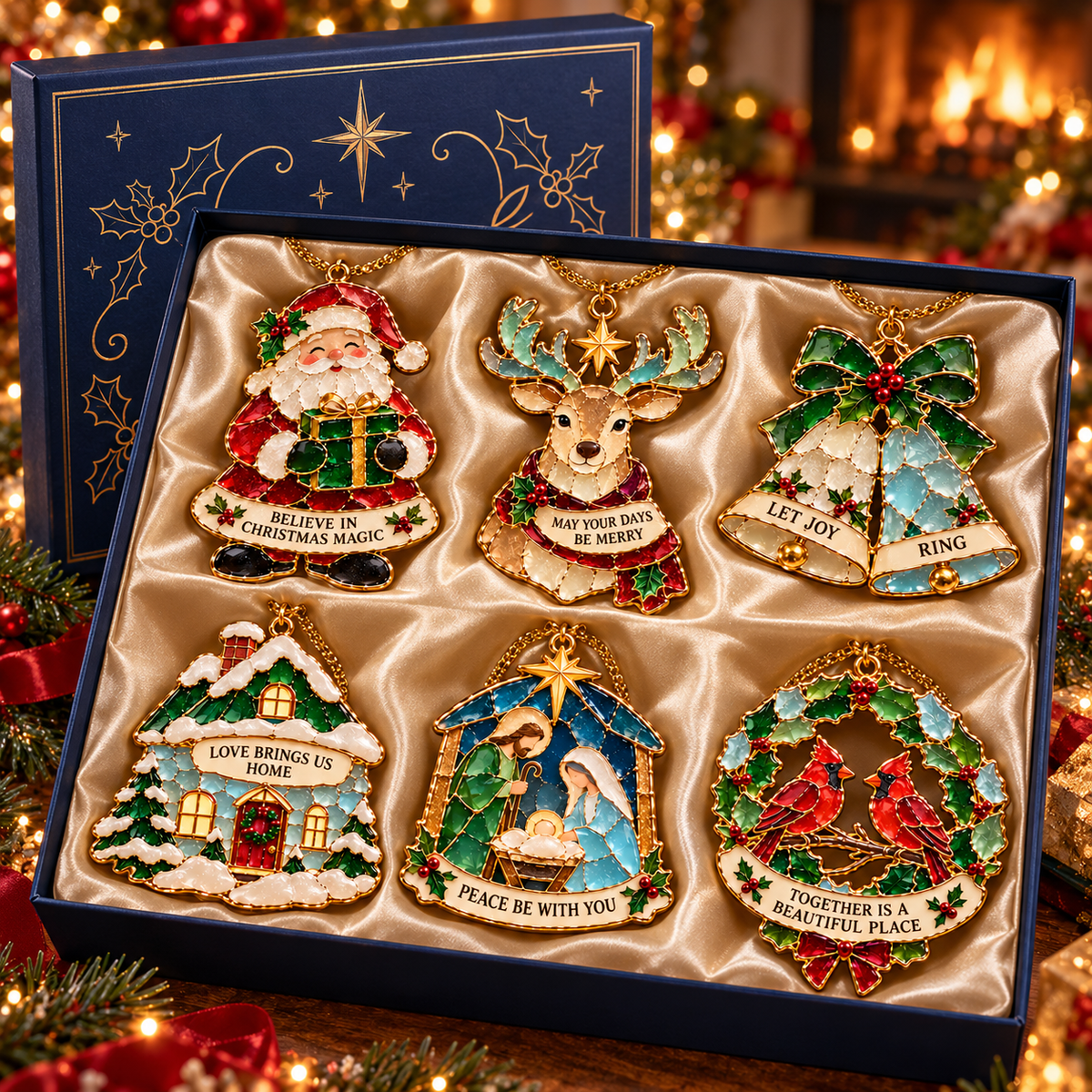 Christmas Wishes — 6-Piece Stained Glass–Style Ornament Set with Heartfelt Blessings