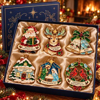 Christmas Wishes — 6-Piece Stained Glass–Style Ornament Set with Heartfelt Blessings