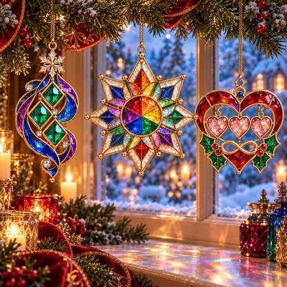 ✨ 2026 Magical Stained Glass Christmas Ornaments – Set of 6 |  Crystal Castle, Candy, Rocket, Rainbow Star & Heart Hanging Decorations | Colorful Christmas Tree Ornaments & Holiday Gifts