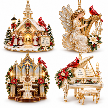 Heavenly Christmas Music Ornament -Church, Angel Harp, Cathedral Organ & Grand Piano Holiday Collection