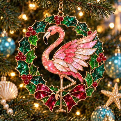 Coastal Christmas Flamingo Ornaments – Vintage Stained-Glass Style, 6-Piece Set