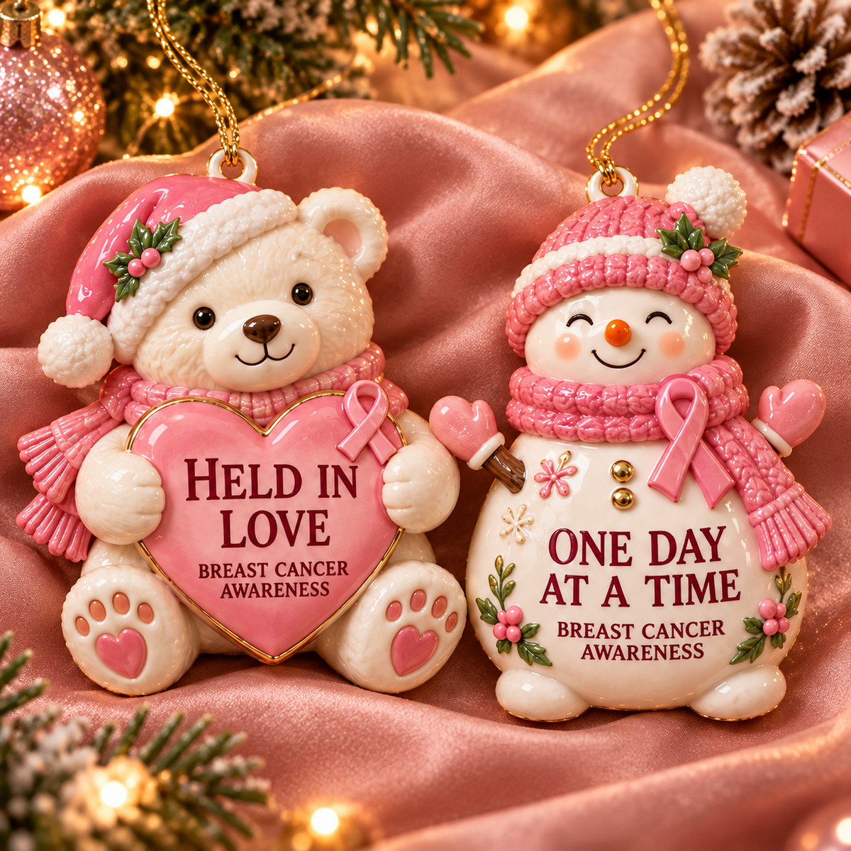Pink Ribbon Christmas Ornaments – 6-Piece Breast Cancer Awareness Gift Set of Hope, Love & Support