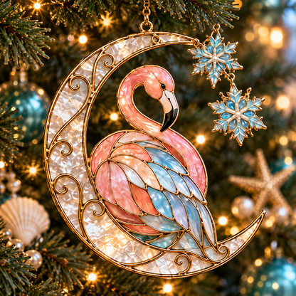 Coastal Christmas Flamingo Ornaments – Vintage Stained-Glass Style, 6-Piece Set