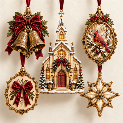 2026 Vintage Christmas Ornament Set – 5 Elegant Designs in Burgundy & Gold