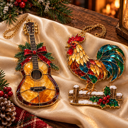 Country Christmas Charm – 6-Piece Vintage Stained Glass–Style Ornament Set