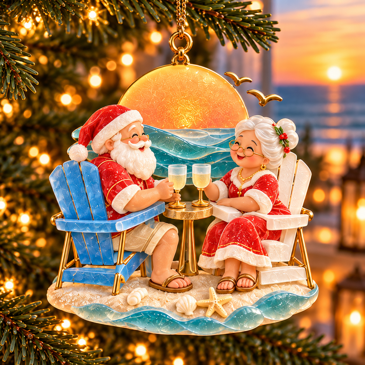 🏖️ 2026 Coastal Christmas Santa & Mrs. Claus Ornaments – Set of 6 Tropical Holiday Keepsakes