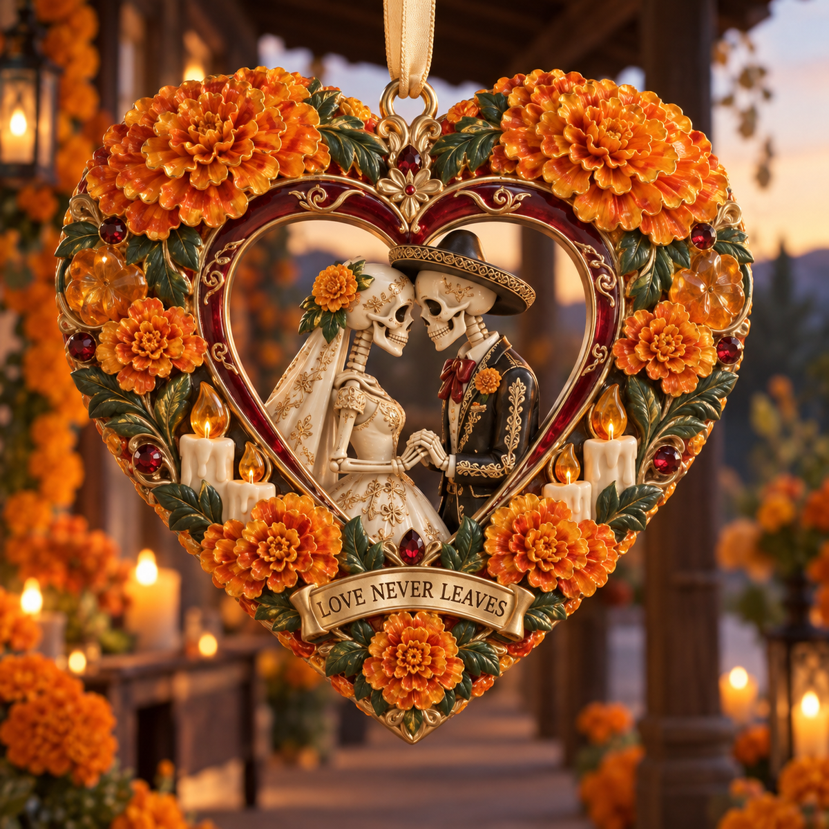 Día de Muertos Marigold Heart Ornaments –  “Forever in Our Hearts” Memorial Keepsake Collection
