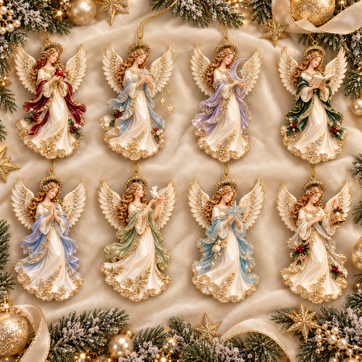 2026 Heavenly Angels Christmas Ornaments – 8 Elegant Designs with Golden Wings & Flowing Pastel Gowns