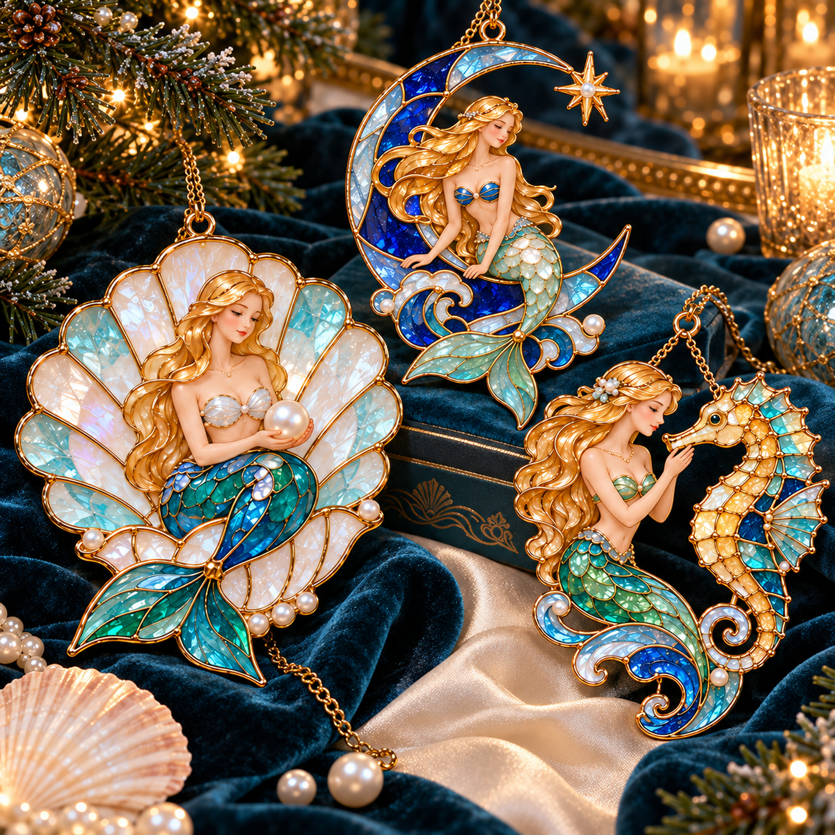 Ocean Enchantment – Vintage Stained-Glass Style Mermaid Christmas Ornaments, Set of 6