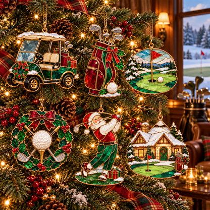 Tee Up the Holidays – Vintage Stained Glass-Style Golf Christmas Ornaments, 6-Piece Set