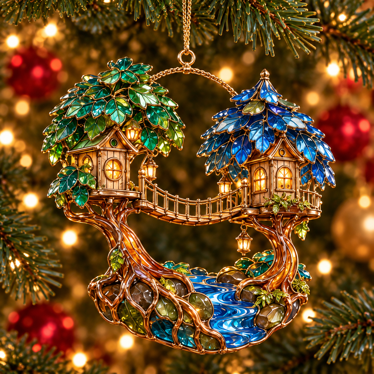 ✨ 2026 Enchanted Stained Glass Treehouse Christmas Ornaments – Set of 6 |  Fairy Tree Houses, Autumn Maple, Acorn Cottage & Moonlight Willow Hanging Decorations | Magical Christmas Tree Ornaments & Fairy Garden Gifts