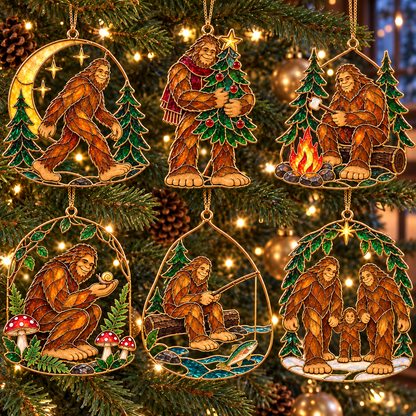 Woodland Wonders – Vintage Stained Glass Style Bigfoot Christmas Ornaments, Set of 6