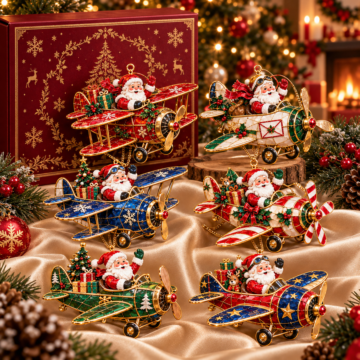 Santa’s Christmas Flight – 6-Piece Vintage Santa Airplane Ornaments Collection | Christmas Tree Decorations & Holiday Gift
