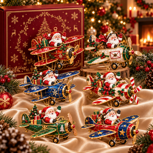 Santa’s Christmas Flight – 6-Piece Vintage Santa Airplane Ornaments Collection | Christmas Tree Decorations & Holiday Gift