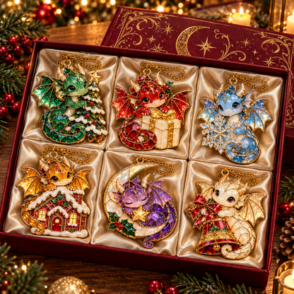 Enchanted Christmas Dragons – 6-Piece Vintage Stained Glass-Style Ornament Set