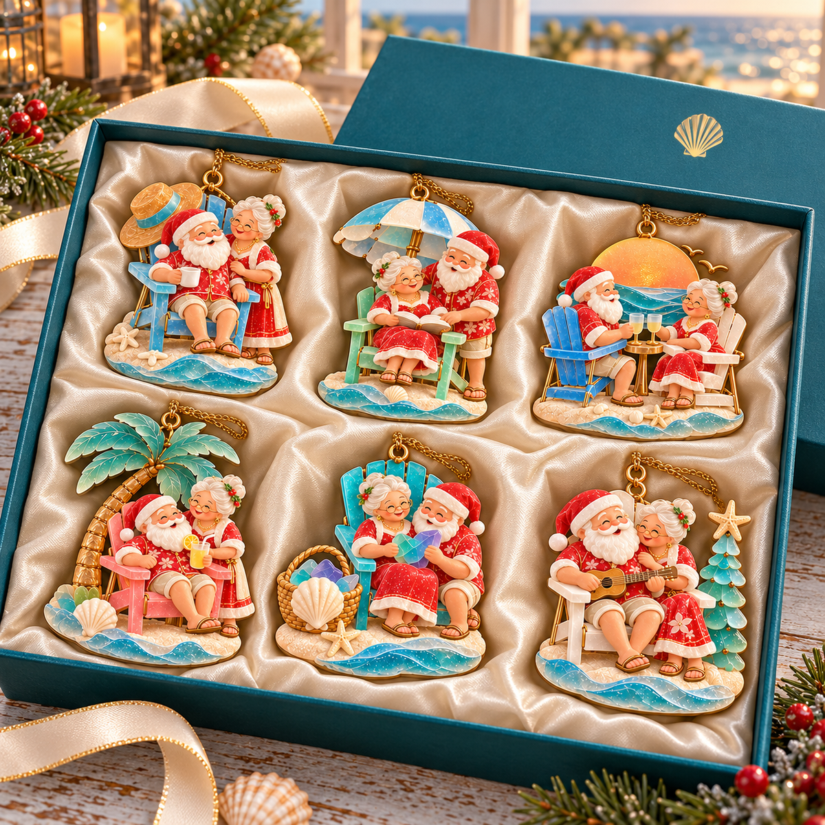 🏖️ 2026 Coastal Christmas Santa & Mrs. Claus Ornaments – Set of 6 Tropical Holiday Keepsakes