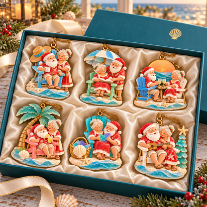 🏖️ 2026 Coastal Christmas Santa & Mrs. Claus Ornaments – Set of 6 Tropical Holiday Keepsakes