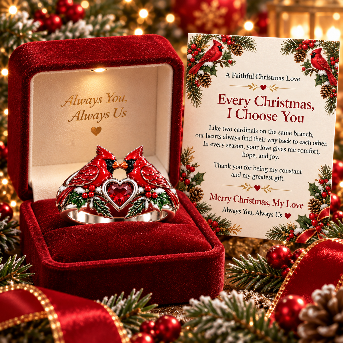 Every Christmas, I Choose You – Romantic Cardinal Heart Ring with Love Message Card, Meaningful Christmas Gift for Her