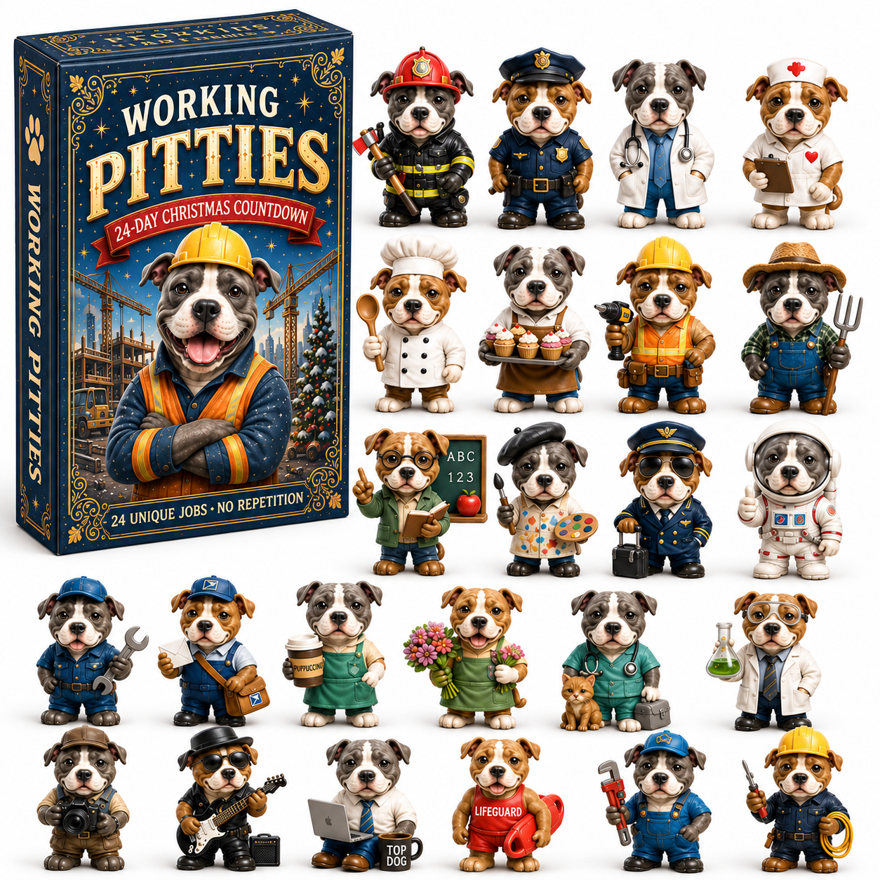 2026 Working Pitties 24-Day Christmas Countdown Calendar – 24 Unique Career Pit Bull Miniatures, Funny Working Dog Collector’s Gift for Pittie Lovers
