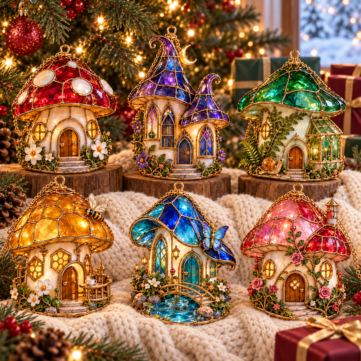 ✨ 2026 Enchanted Stained Glass Mushroom House Christmas Ornaments – Set of 6 | Fairy Cottage, Magical Forest, Moonlight Mushroom & Butterfly House Hanging Decorations | Whimsical Christmas Tree Ornaments & Fairy Garden Gifts