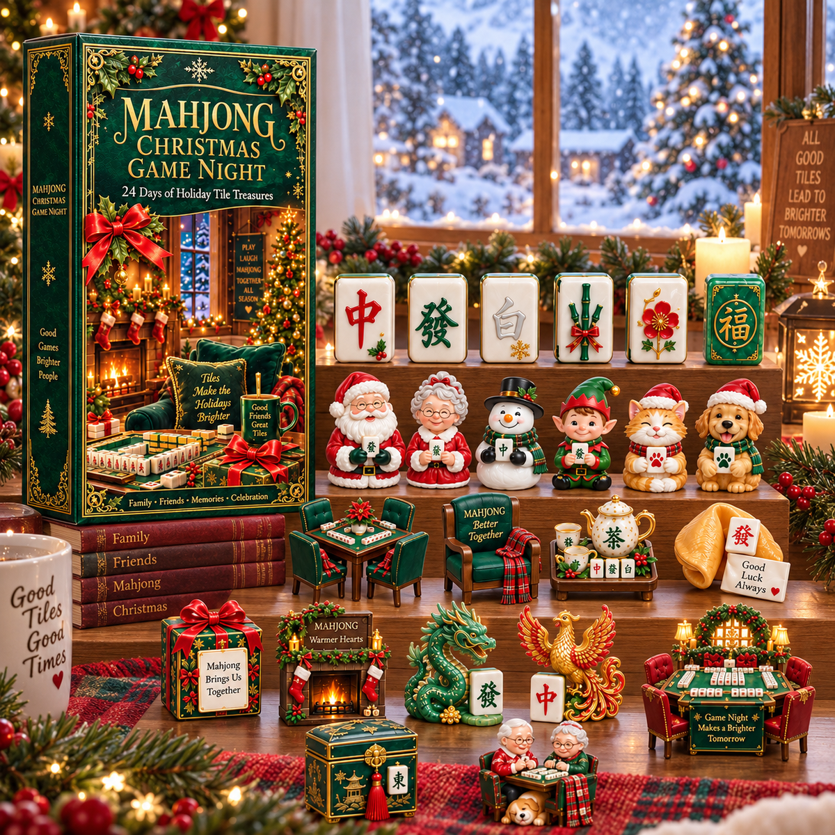 Mahjong Christmas Game Night 2026 – 24-Day Holiday Tile Treasures Countdown Calendar with 24 Unique Collectible Miniatures, Festive Gift for Mahjong Lovers & Family Game Nights