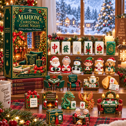 Mahjong Christmas Game Night 2026 – 24-Day Holiday Tile Treasures Countdown Calendar with 24 Unique Collectible Miniatures, Festive Gift for Mahjong Lovers & Family Game Nights