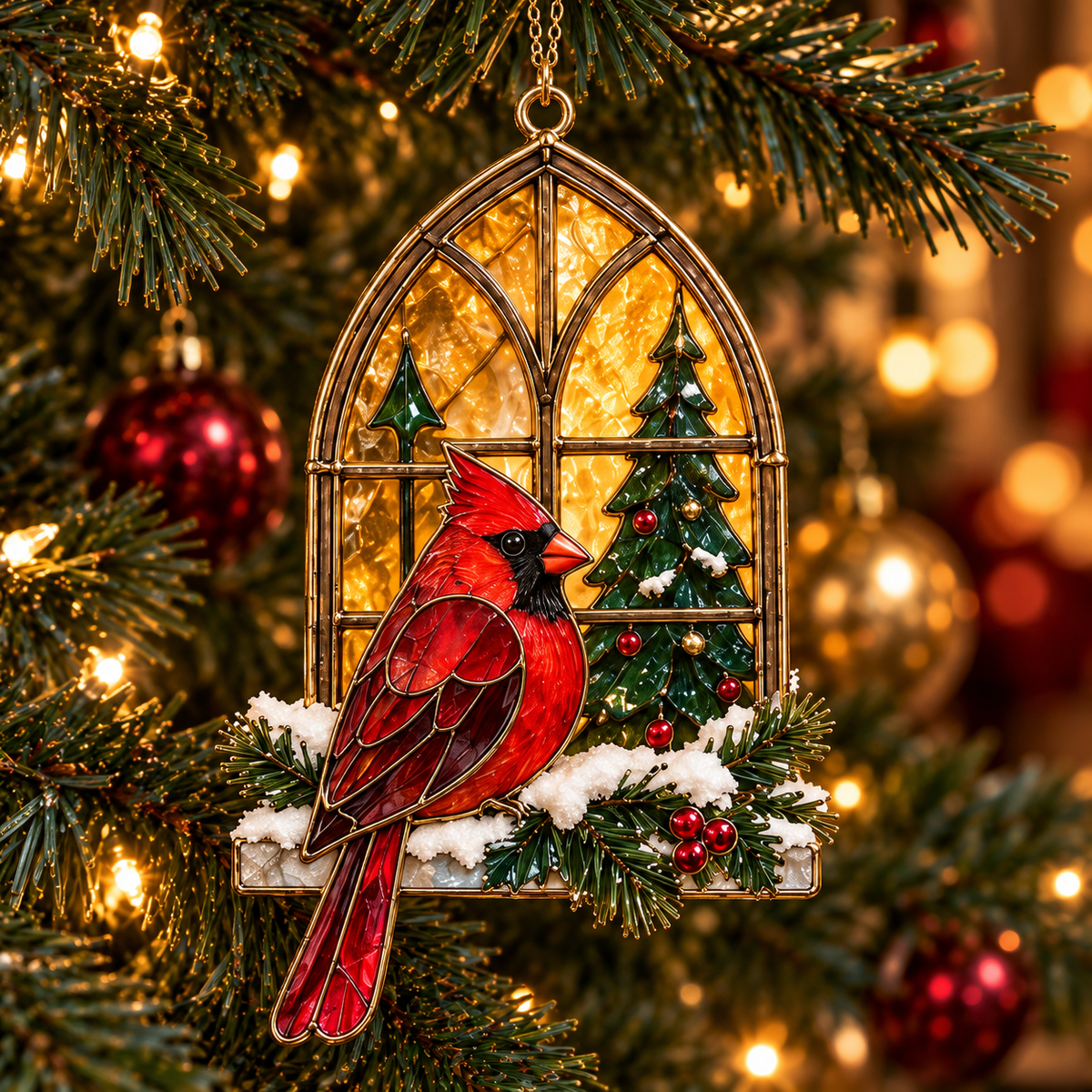 Cardinals of Christmas – Vintage Stained Glass-Style Ornaments, Set of 6