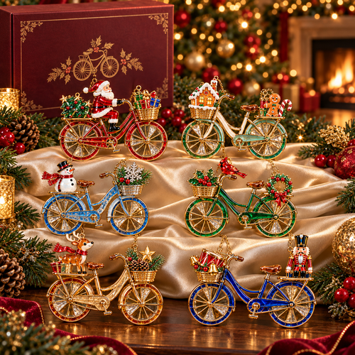 🎄 2026 Vintage Stained Glass Christmas Bicycle Ornaments – Set of 6