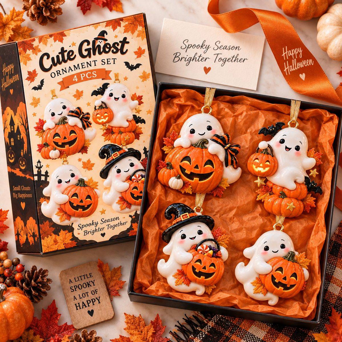 Cute Ghost & Pumpkin Halloween Ornament  –  Spooky-Cute Hanging Keepsake Collection, Fun Halloween Gift for Family & Ghost Lovers