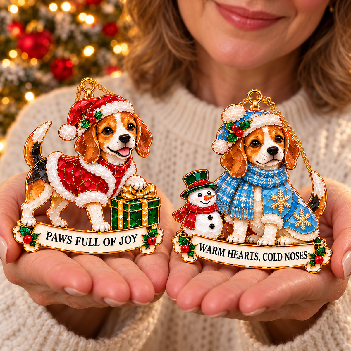 2026 Beagle Christmas Ornament Gift Set – 6 Festive Designs with Stained Glass Style & Heartwarming Wishes