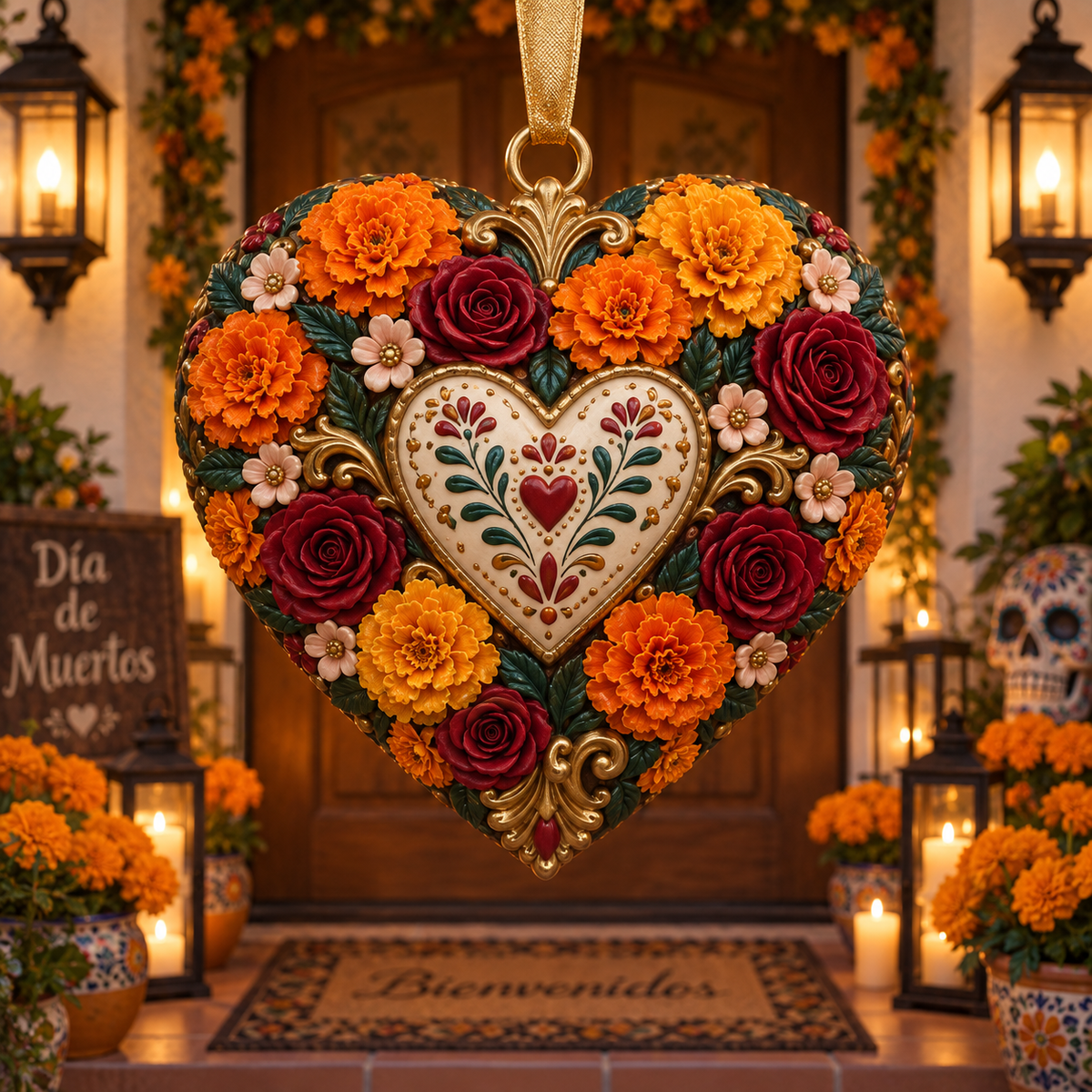 Día de Muertos Marigold Heart Ornament  – Floral Hanging Keepsake Collection, Meaningful Day of the Dead Gift for Family & Loved Ones