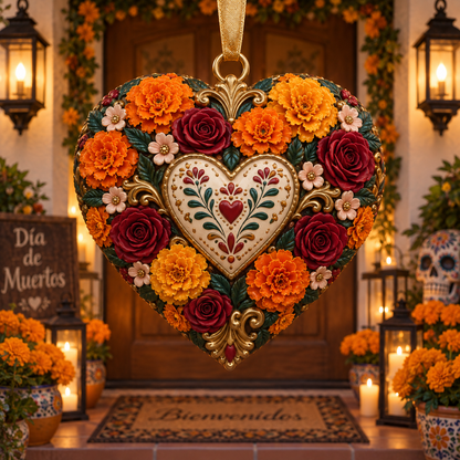 Día de Muertos Marigold Heart Ornament  – Floral Hanging Keepsake Collection, Meaningful Day of the Dead Gift for Family & Loved Ones