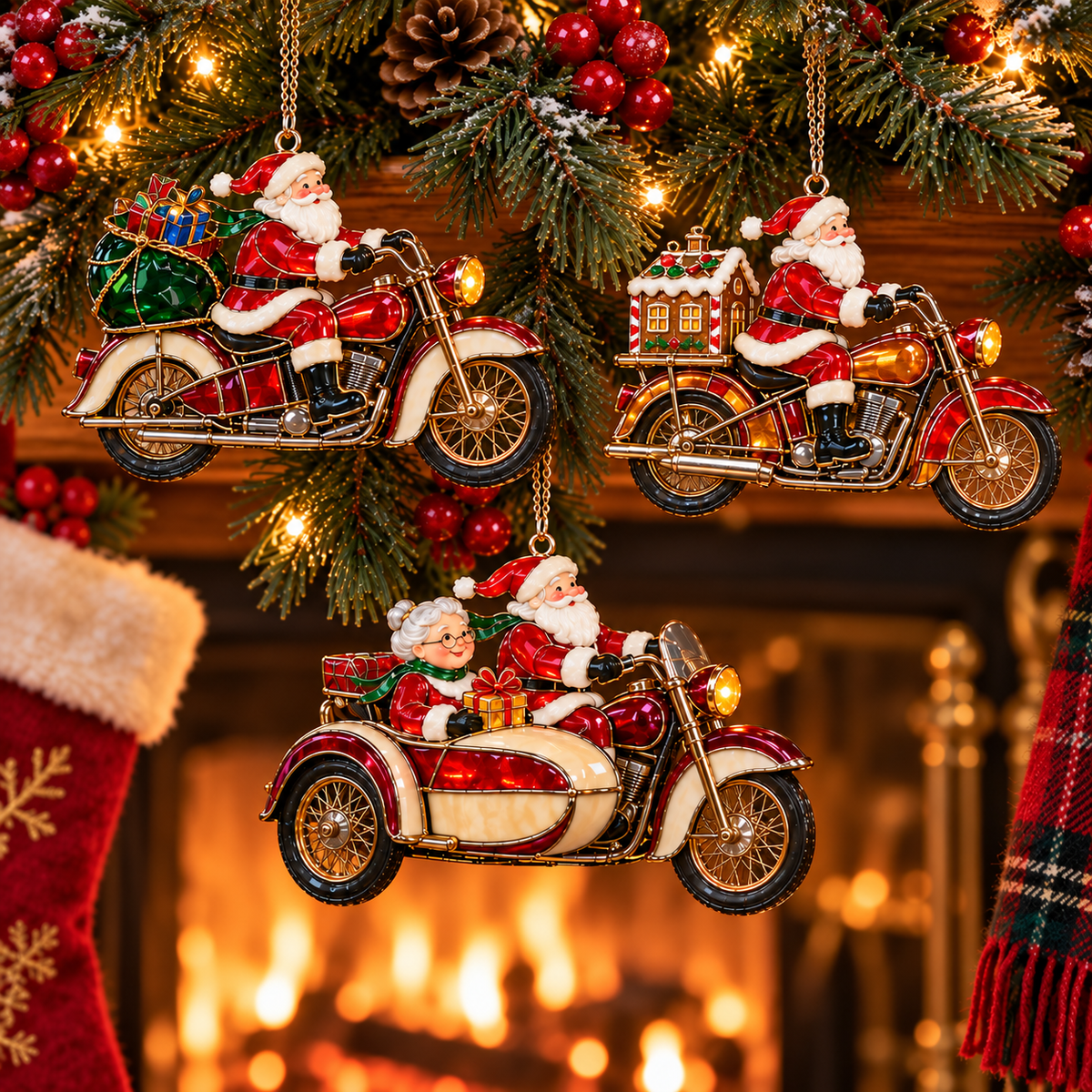 🏍️ 2026 Santa Claus Motorcycle Christmas Ornaments – Set of 6 Vintage Holiday Biker Keepsakes