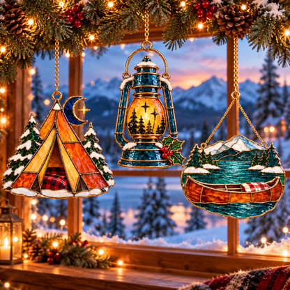 Cozy Christmas Camping — Vintage Stained Glass Style Ornaments, Set of 6