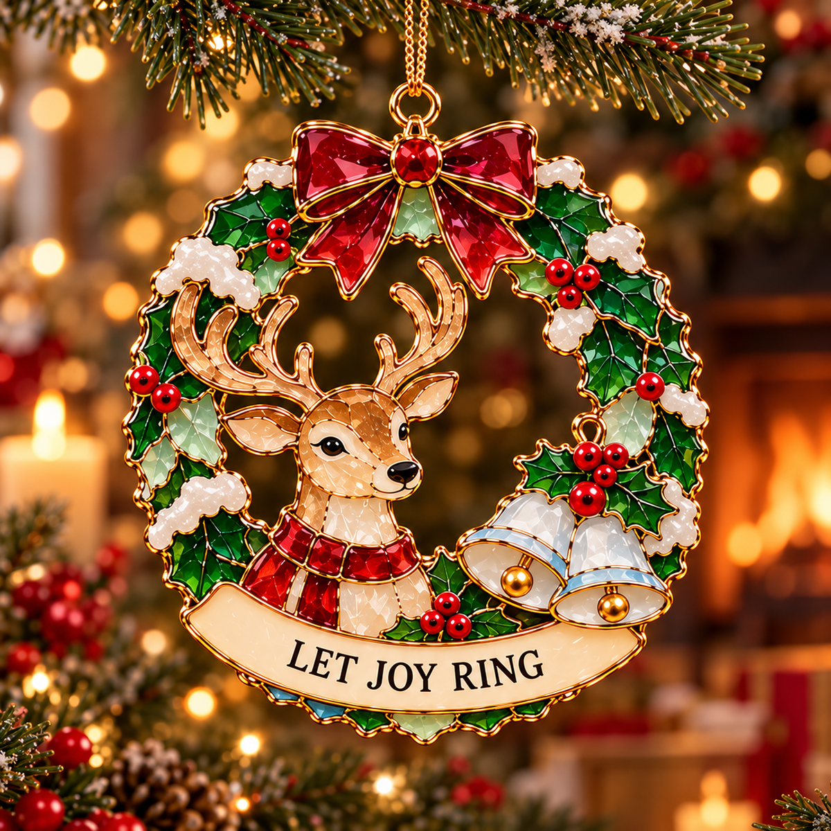 Christmas Wishes Wreath Ornaments – 6 Festive Designs in Stained Glass Style