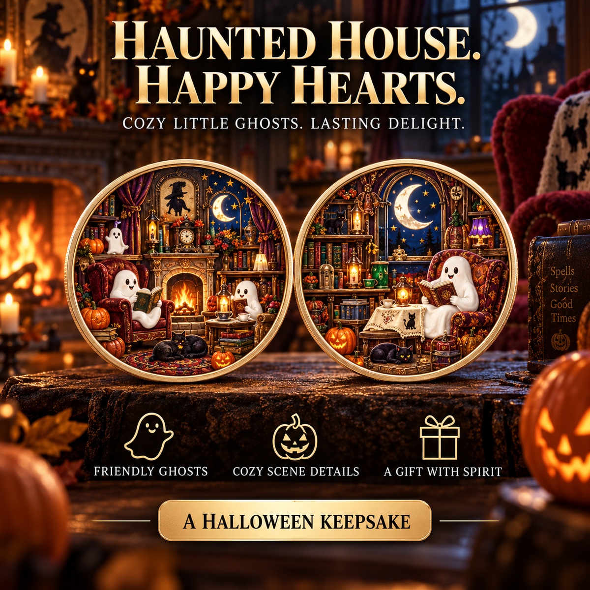 2026 Enchanted Halloween Collectible Coins – 8 Double-Sided Designs with Witches, Ghosts & Moonlit Villages