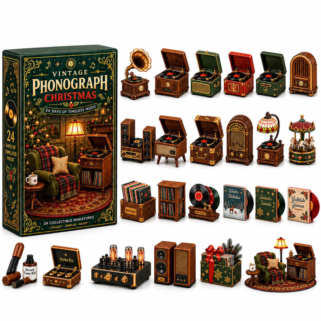 Vintage Phonograph Christmas Advent Calendar 2026 – 24 Days of Timeless Music Collectible Miniatures, Retro Record Player Countdown Gift for Music Lovers