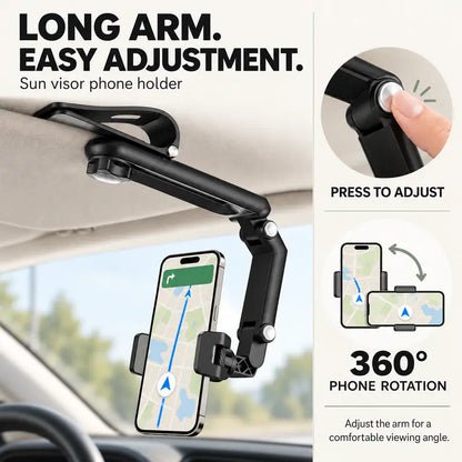 Foldable Car Phone Holder for Sun Visor, Adjustable Arm with 360 Phone Rotation 📱